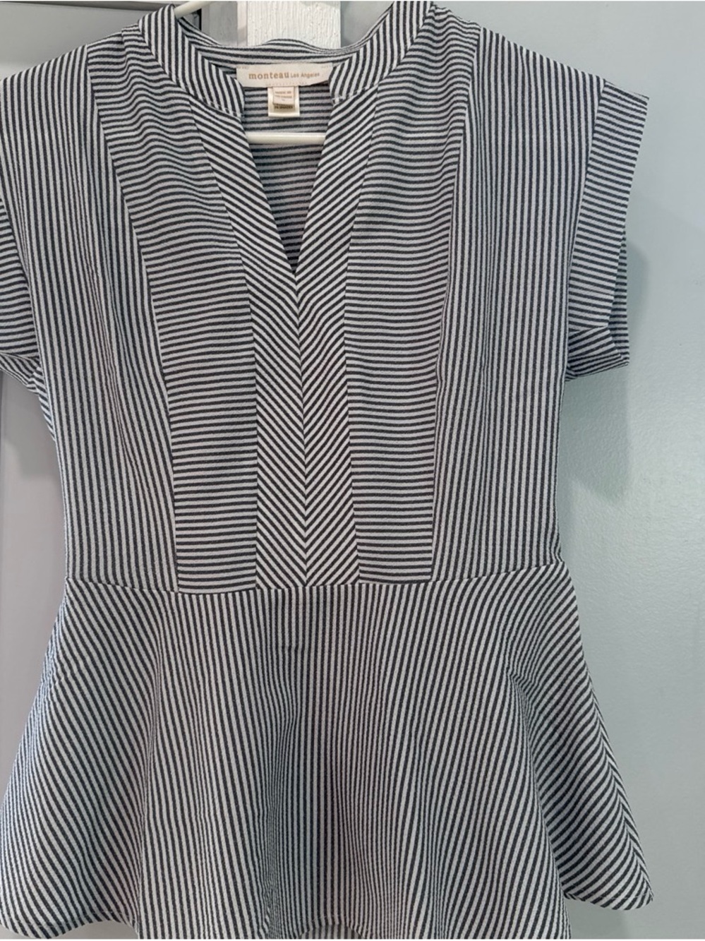 Monteau Striped Peplum Top in Blue and White Size Small